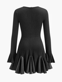 Pleated Faux Leather Panel Dress Black Dresses|Casual Dresses