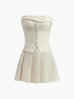 Discount Pleated Front Button Zipper Strapless Skirt Set Skirt Sets|Long Sleeve Sets
