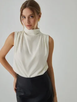 Sale Pleated High Neck Sleeveless Blouse Blouses & Shirts|Tops