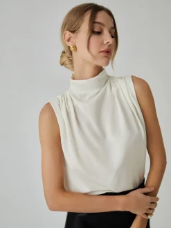 Sale Pleated High Neck Sleeveless Blouse Blouses & Shirts|Tops