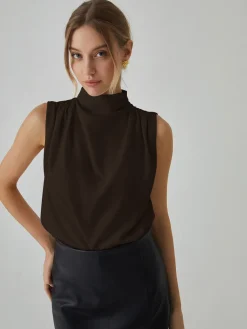 Sale Pleated High Neck Sleeveless Blouse Blouses & Shirts|Tops