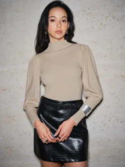 Pleated Lantern Sleeve Slim Sweater Sweater Tops|Sweaters & Cardigans