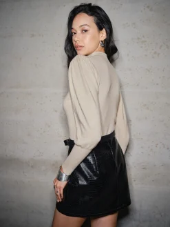 Pleated Lantern Sleeve Slim Sweater Sweater Tops|Sweaters & Cardigans
