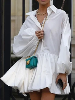 Clearance Pleated Long Sleeve Button Up Collar Mini Dress White Dresses|Casual Dresses