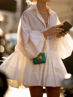 Clearance Pleated Long Sleeve Button Up Collar Mini Dress White Dresses|Casual Dresses