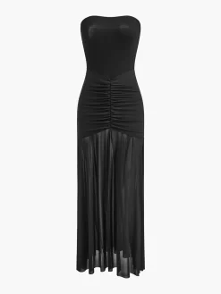 Hot Pleated Mesh Tube Dress With Shawl Black Dresses|Cocktail & Party Dresses