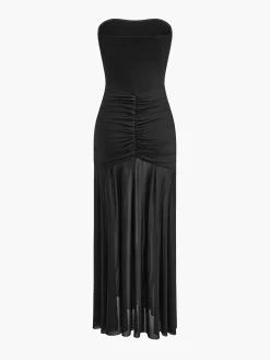 Hot Pleated Mesh Tube Dress With Shawl Black Dresses|Cocktail & Party Dresses