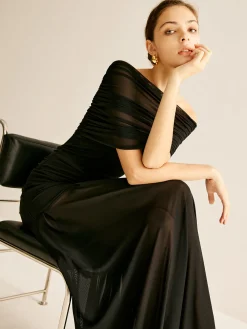 Hot Pleated Mesh Tube Dress With Shawl Black Dresses|Cocktail & Party Dresses