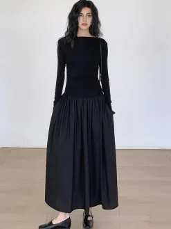 Outlet Pleated Patchwork Knit Long Sleeve Midi Dress Black Dresses|Work Dresses
