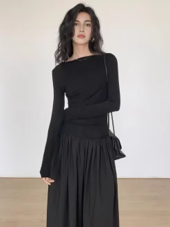 Outlet Pleated Patchwork Knit Long Sleeve Midi Dress Black Dresses|Work Dresses