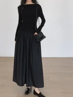 Outlet Pleated Patchwork Knit Long Sleeve Midi Dress Black Dresses|Work Dresses