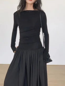 Outlet Pleated Patchwork Knit Long Sleeve Midi Dress Black Dresses|Work Dresses