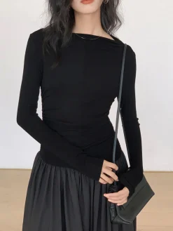 Outlet Pleated Patchwork Knit Long Sleeve Midi Dress Black Dresses|Work Dresses