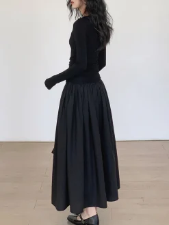 Outlet Pleated Patchwork Knit Long Sleeve Midi Dress Black Dresses|Work Dresses