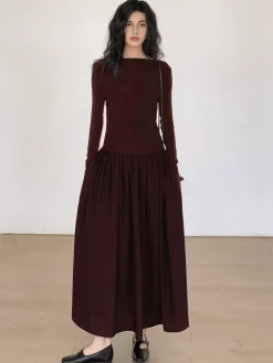 Outlet Pleated Patchwork Knit Long Sleeve Midi Dress Black Dresses|Work Dresses
