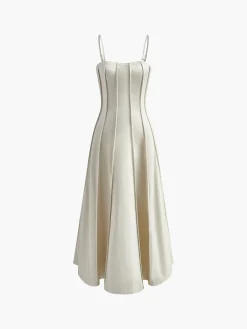 Discount Pleated Piping Flowy Cami Dress White Dresses|Casual Dresses