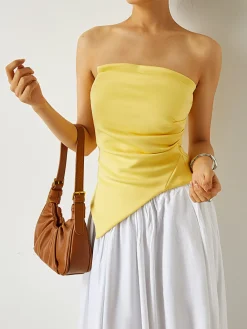 New Pleated Plain Tube Top Tank Tops & Camis|Tops