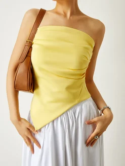 New Pleated Plain Tube Top Tank Tops & Camis|Tops
