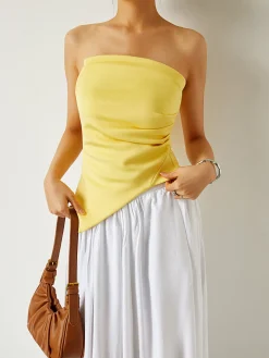 New Pleated Plain Tube Top Tank Tops & Camis|Tops