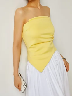 New Pleated Plain Tube Top Tank Tops & Camis|Tops