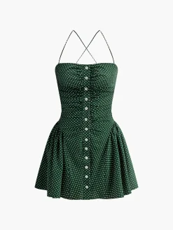 Hot Pleated Polka Dot Sleeveless Dress Black Dresses|Vacation Dresses