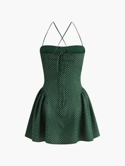 Hot Pleated Polka Dot Sleeveless Dress Black Dresses|Vacation Dresses