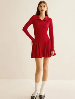 Pleated Ribbed Panel Dress Casual Dresses|Short Dresses