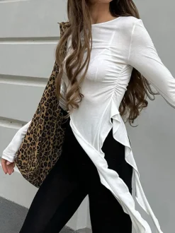 Online Pleated Ruffle Tassel Jersey Top T-shirts|Tops
