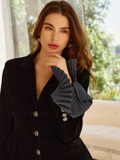 New Pleated Ruffle-Cuff Velvet Skirt Set Skirt Sets|Long Sleeve Sets