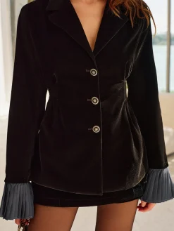 New Pleated Ruffle-Cuff Velvet Skirt Set Skirt Sets|Long Sleeve Sets