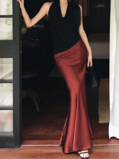 Discount Pleated Satin Maxi Skirt Skirts|Bottoms