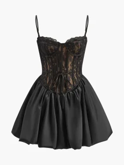 New Pleated Satin-Hem Lace Cami Dress Dresses