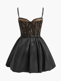 New Pleated Satin-Hem Lace Cami Dress Dresses
