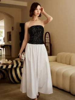 Pleated Sequins Tube Long Dress White Dresses|Cocktail & Party Dresses