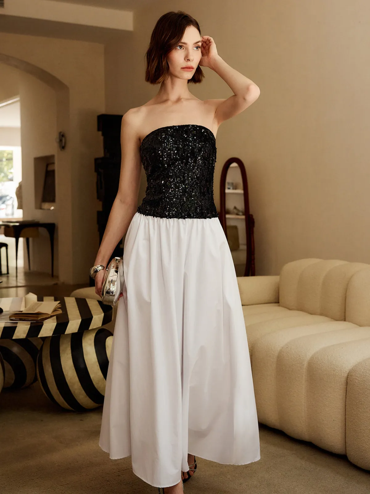 Pleated Sequins Tube Long Dress White Dresses|Cocktail & Party Dresses