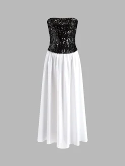 Pleated Sequins Tube Long Dress White Dresses|Cocktail & Party Dresses