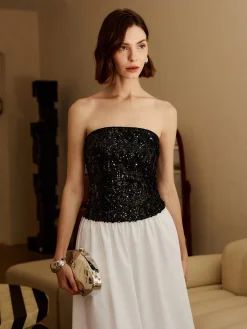 Pleated Sequins Tube Long Dress White Dresses|Cocktail & Party Dresses
