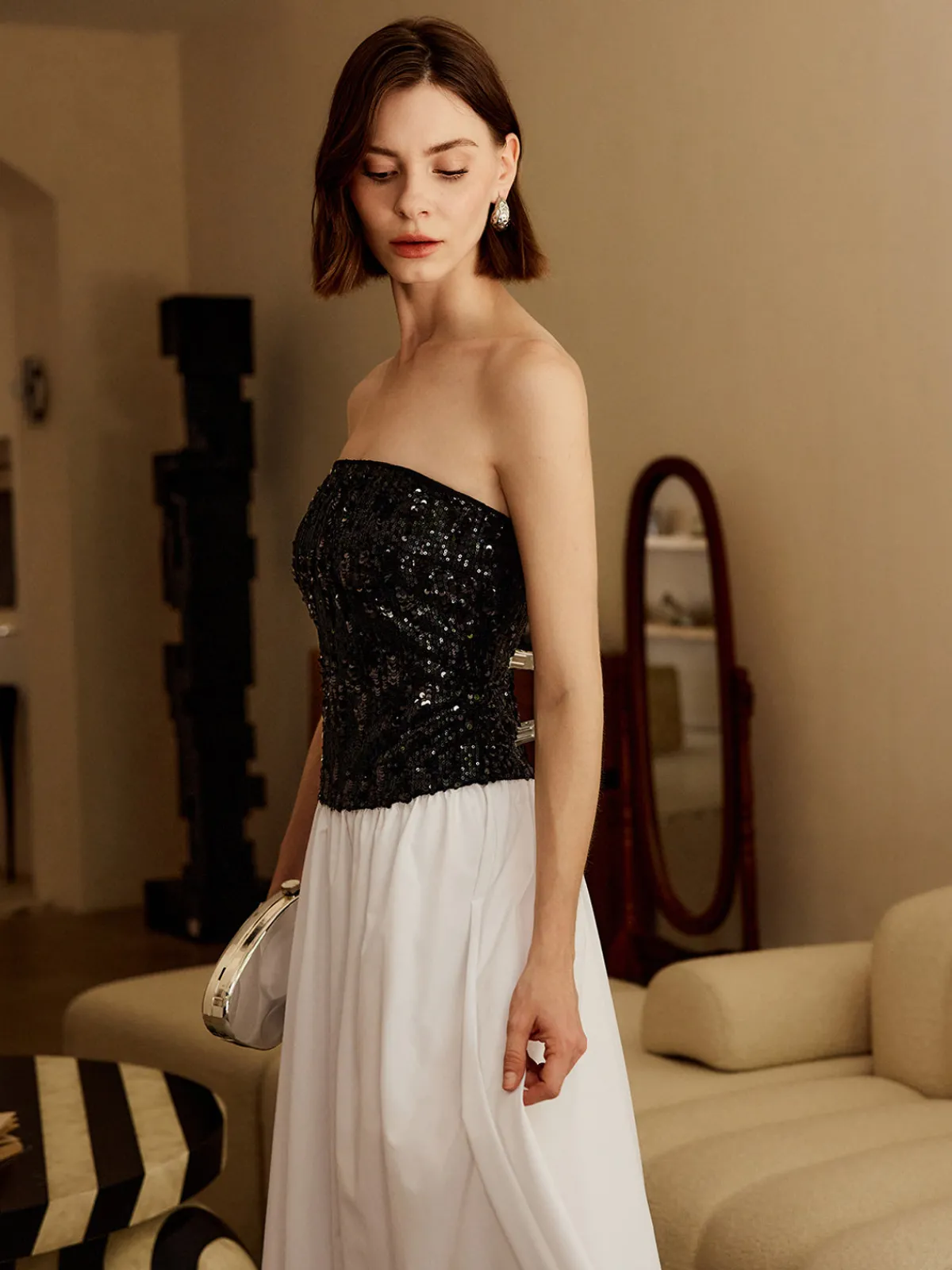 Pleated Sequins Tube Long Dress White Dresses|Cocktail & Party Dresses