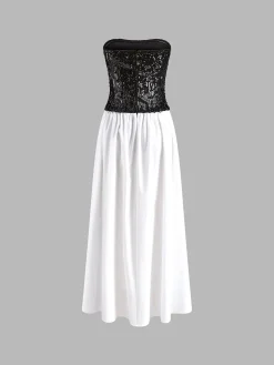 Pleated Sequins Tube Long Dress White Dresses|Cocktail & Party Dresses
