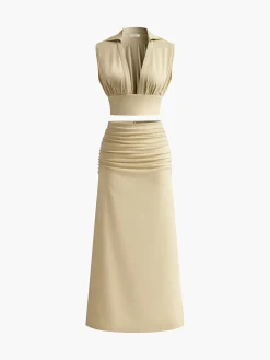 Online Pleated Sexy Corset Midi Skirt Set Skirt Sets|Long Sleeve Sets