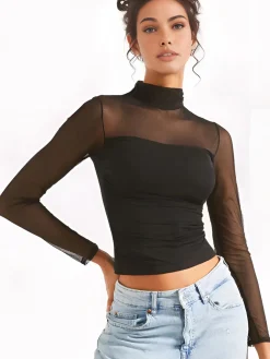 Clearance Pleated Sheer Panel Blouse Blouses & Shirts|Tops