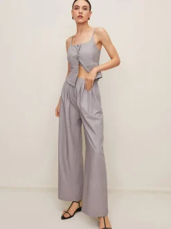 Outlet Pleated Sleeveless Plain Pants Set Pants Sets|Matching Sets