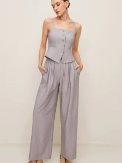Outlet Pleated Sleeveless Plain Pants Set Pants Sets|Matching Sets