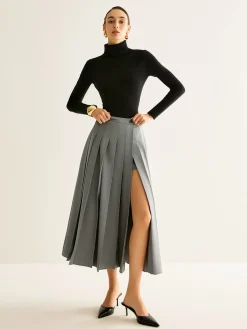 Clearance Pleated Slit Zipper Skirt Skirts|Bottoms