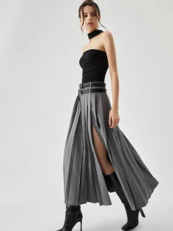 Best Pleated Split Maxi Skirt Without Belt Skirts|Matching Sets