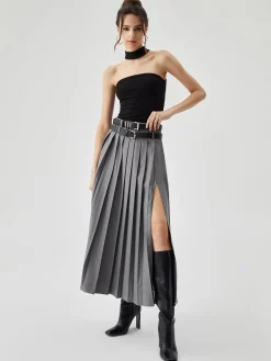 Best Pleated Split Maxi Skirt Without Belt Skirts|Matching Sets