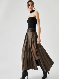 Best Pleated Split Maxi Skirt Without Belt Skirts|Matching Sets