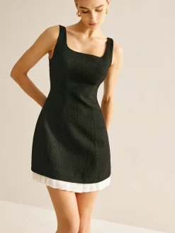 Hot Pleated Trim Tweed Tank Short Dress Black Dresses|Casual Dresses