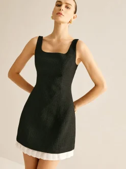 Hot Pleated Trim Tweed Tank Short Dress Black Dresses|Casual Dresses