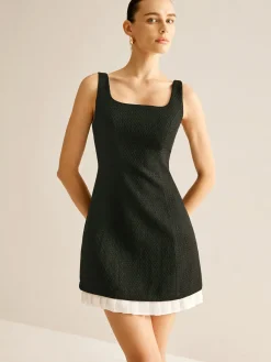 Hot Pleated Trim Tweed Tank Short Dress Black Dresses|Casual Dresses